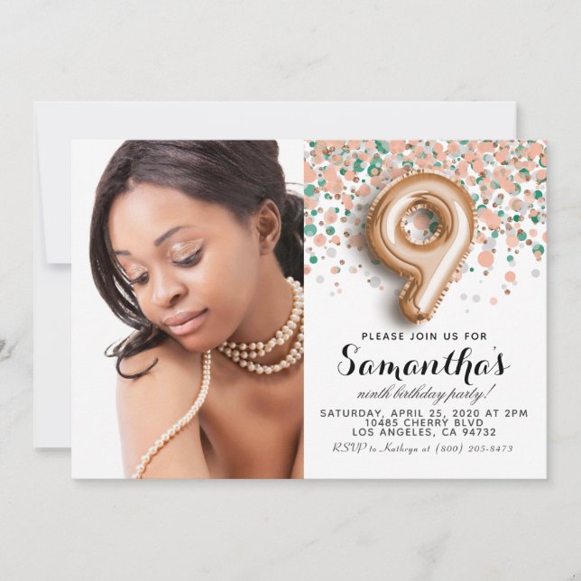 9:e födelsedagen Konfetti Guld Porträtt Inbjudningar (Framsida)