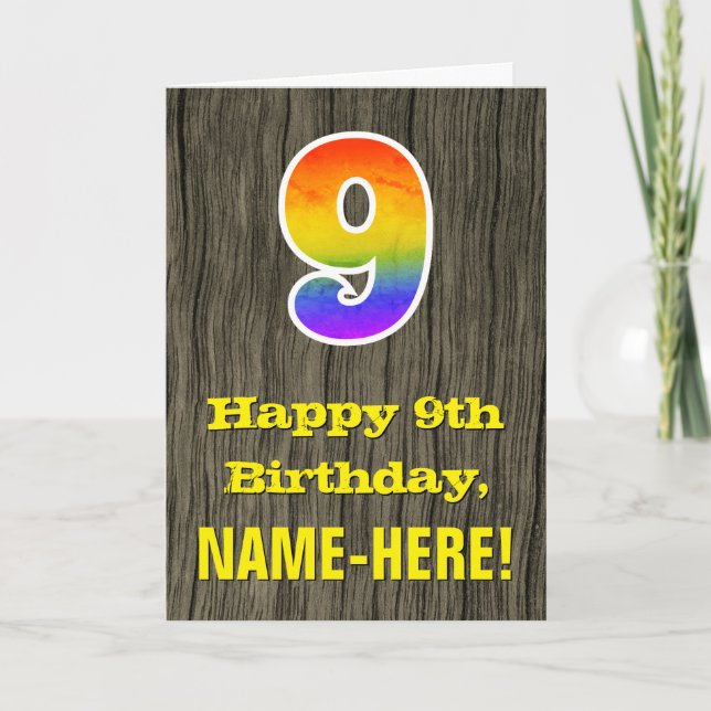9:e födelsedagen: Rustic Faux Wood look, Rainbow ’ Kort (Framsida)