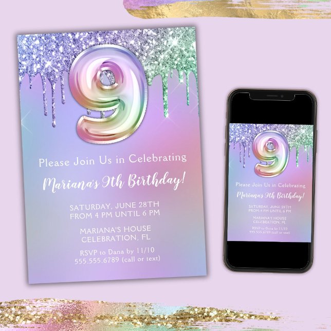 9:e Födelsedagsfest inbjudan Lila Rosa Glitter (Skapare uppladdad)