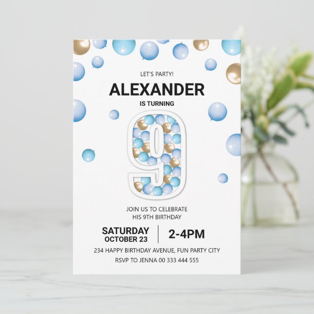 9:e Födelsedagsfesten, Blue and Guld Balloon Boy Inbjudningar (Stående Fram)