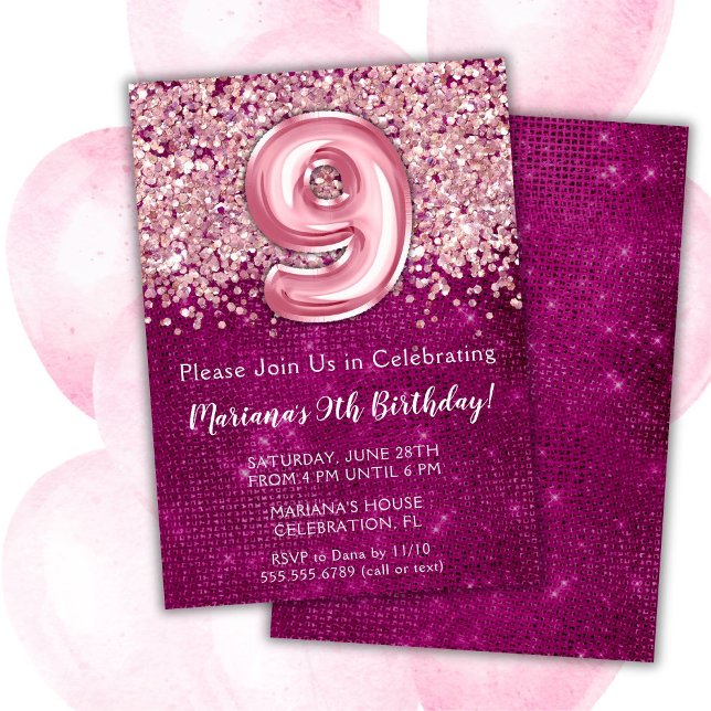 9:e födelsedagsinbjudan Girly Magenta Rosa Glitter Inbjudningar (Skapare uppladdad)