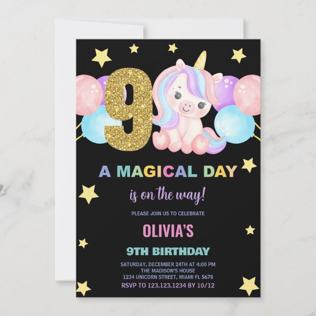 9:e födelsedagsinbjudan till Unicorn Birthday Inbjudningar (Framsida)