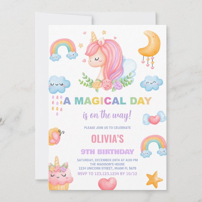 9:e födelsedagsinbjudan till Unicorn Birthday Inbjudningar (Framsida)