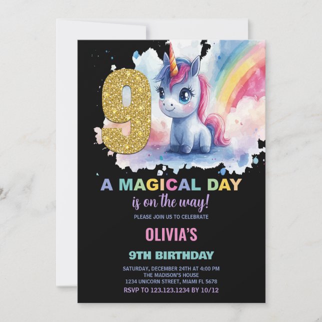 9:e födelsedagsinbjudan till Unicorn Birthday Inbjudningar (Framsida)