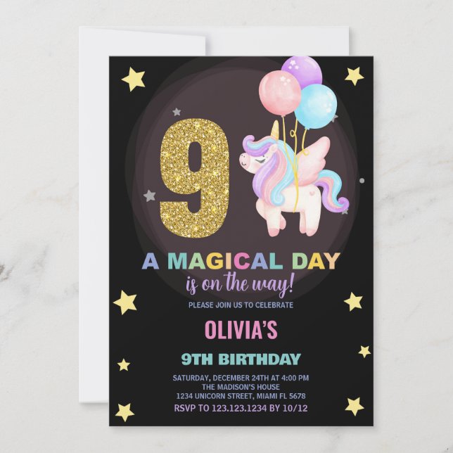 9:e födelsedagsinbjudan till Unicorn Birthday Inbjudningar (Framsida)