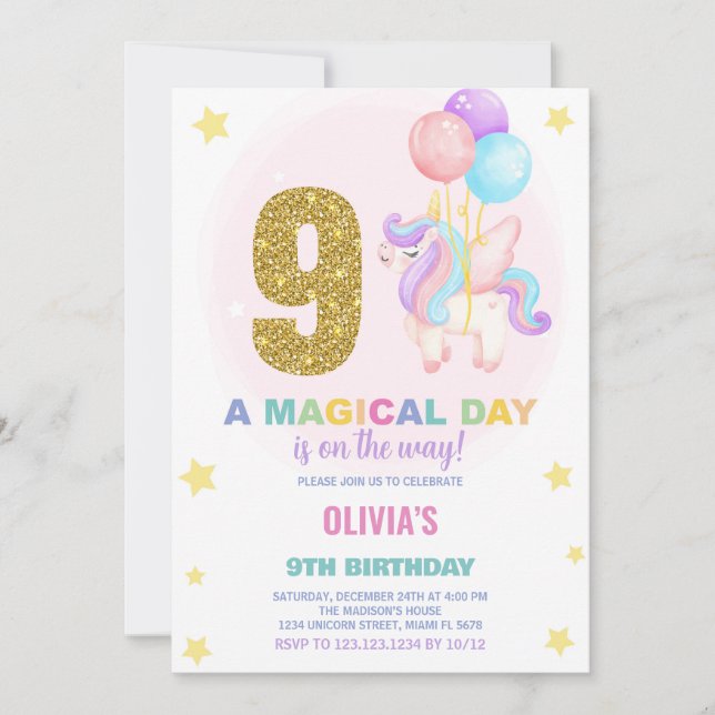 9:e födelsedagsinbjudan till Unicorn Birthday Inbjudningar (Framsida)