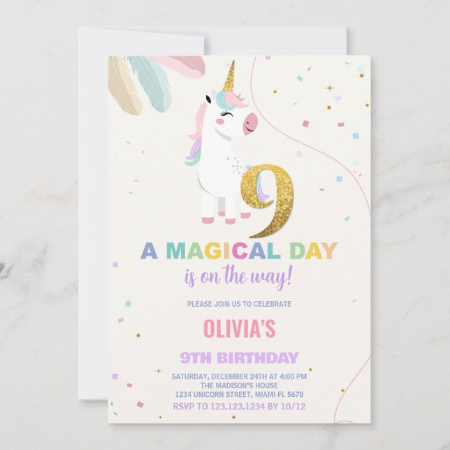9:e födelsedagsinbjudan till Unicorn Birthday Inbjudningar (Framsida)