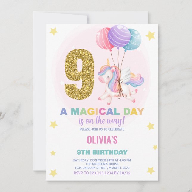 9:e födelsedagsinbjudan till Unicorn Birthday Inbjudningar (Framsida)