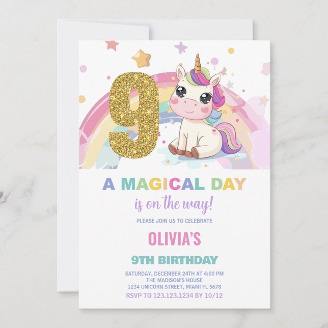 9:e födelsedagsinbjudan till Unicorn Birthday Inbjudningar (Framsida)