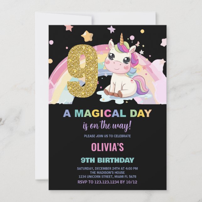 9:e födelsedagsinbjudan till Unicorn Birthday Inbjudningar (Framsida)