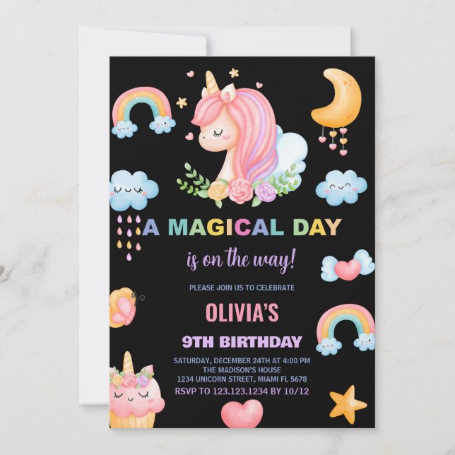 9:e födelsedagsinbjudan till Unicorn Birthday Inbjudningar (Framsida)