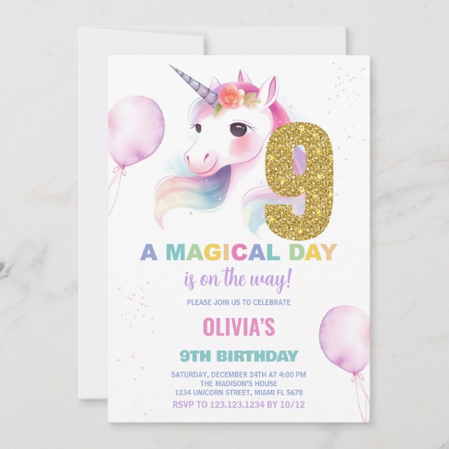 9:e födelsedagsinbjudan till Unicorn Birthday Inbjudningar (Framsida)