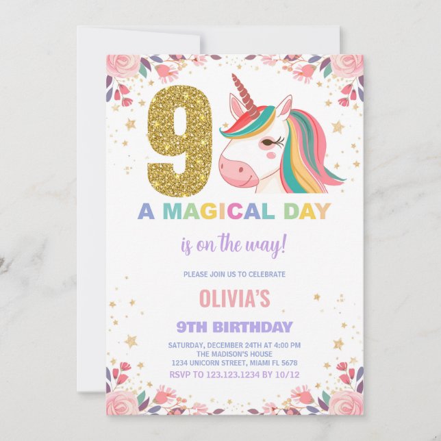 9:e födelsedagsinbjudan till Unicorn Birthday Inbjudningar (Framsida)