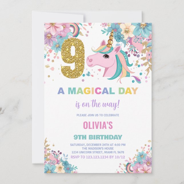 9:e födelsedagsinbjudan till Unicorn Birthday Inbjudningar (Framsida)