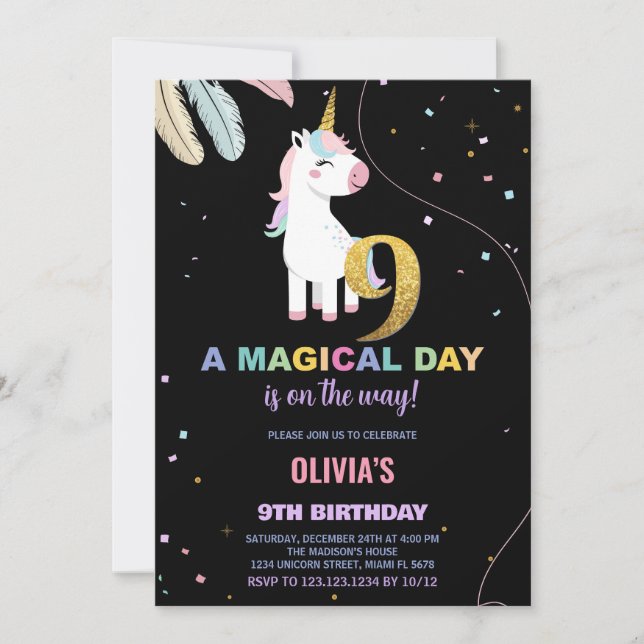 9:e födelsedagsinbjudan till Unicorn Birthday Inbjudningar (Framsida)