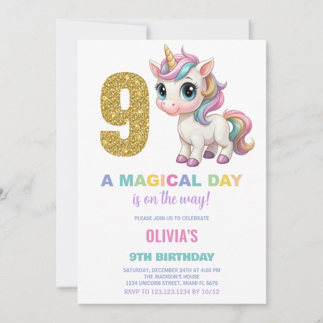 9:e födelsedagsinbjudan till Unicorn Birthday Inbjudningar (Framsida)