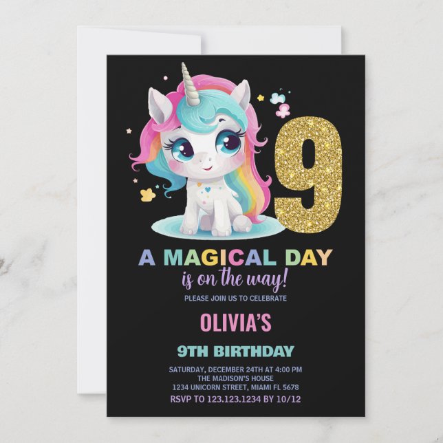 9:e födelsedagsinbjudan till Unicorn Birthday Inbjudningar (Framsida)
