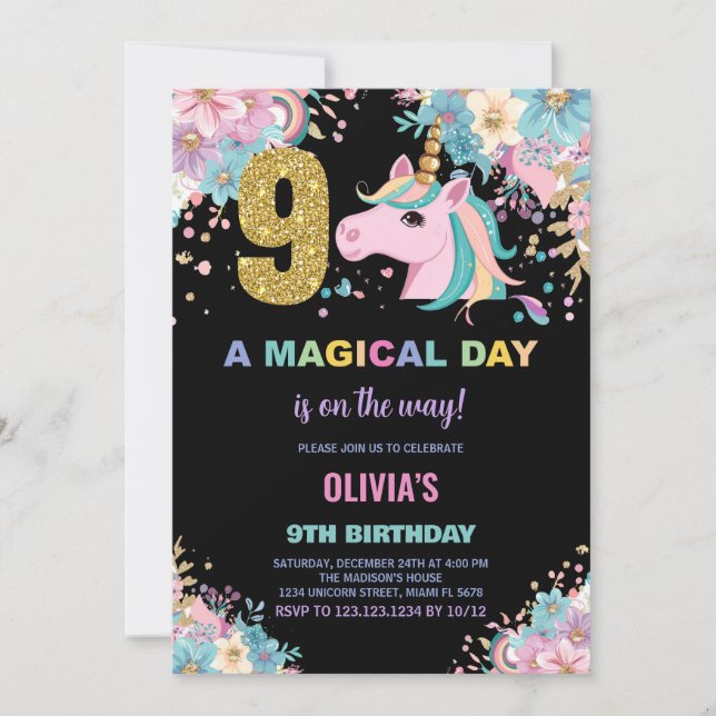 9:e födelsedagsinbjudan till Unicorn Birthday Inbjudningar (Framsida)