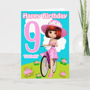 9:e födelsedagskortet Söt Little Girl på en cykel Kort