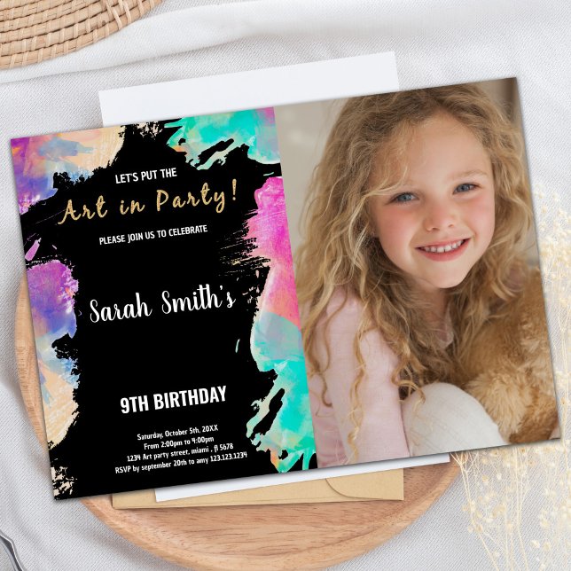9:e inbjudan till Black Lila Photo Paint Birthday  (9th Black Purple Photo Paint Birthday Invitations)