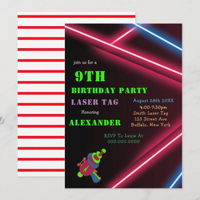 9:e inbjudan till Laser Märkre Party Neon Birthday (Fram/baksida)