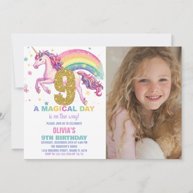 9:e inbjudan till Unicorn Birthday med bild (Framsida)