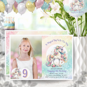 9:e nionde Unicorn Birthday Pastel Radiant Rainbow Inbjudningar