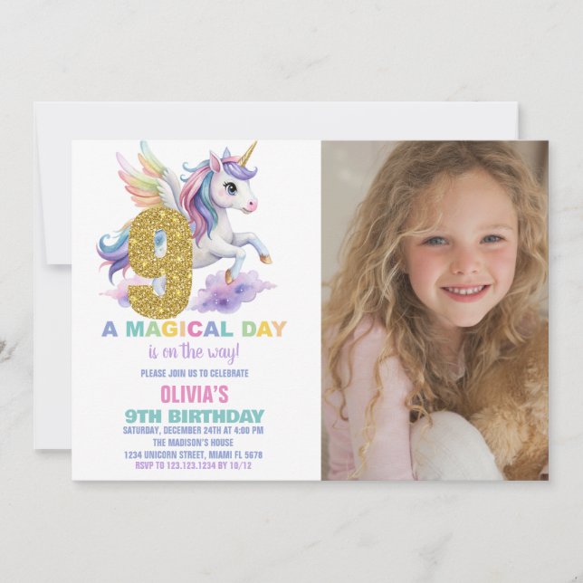9:e regnbåge, Unicorn Birthday-inbjudan med foto Inbjudningar (Framsida)