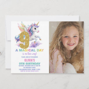 9:e regnbåge, Unicorn Birthday-inbjudan med foto Inbjudningar