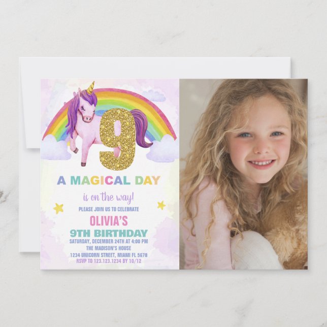 9:e regnbåge, Unicorn Birthday-inbjudan med foto Inbjudningar (Framsida)