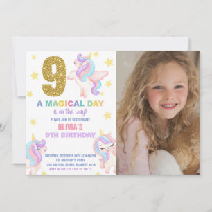 9:e regnbåge, Unicorn Birthday-inbjudan med foto Inbjudningar