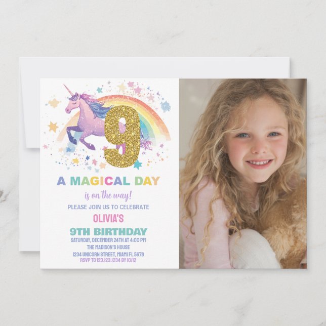 9:e Unicorn Birthday-inbjudan med foto Inbjudningar (Framsida)