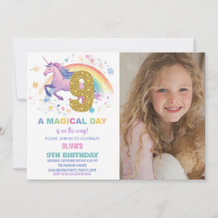 9:e Unicorn Birthday-inbjudan med foto Inbjudningar