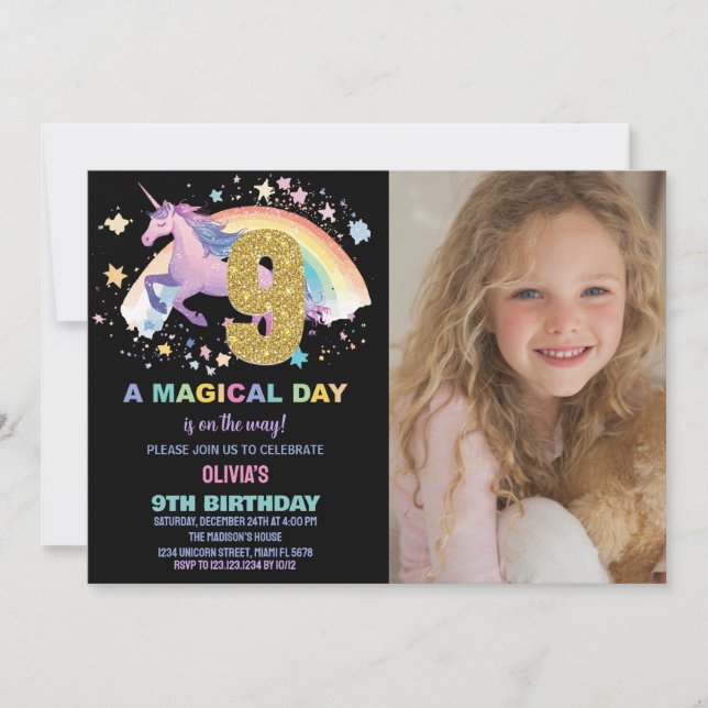 9:e Unicorn Birthday-inbjudan med foto Inbjudningar (Framsida)