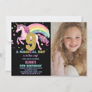 9:e Unicorn Birthday-inbjudan, svart med foto Inbjudningar
