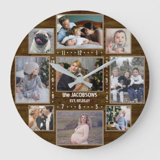 9 Family Photo Collage Custom Name Farmhouse Wood Stor Klocka