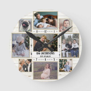 9 Family Photo Collage Namn Light Farmhouse Wood Rund Klocka