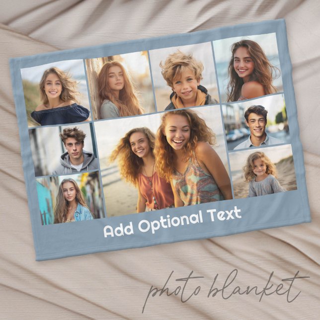 9 Foto Collage Valfri Text -- Blå Vit Fleecefilt (Custom Photo Blanket with Lots of Photos)