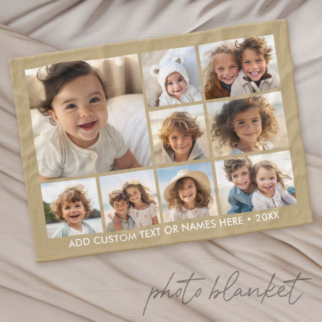 9 Foto Kvadratisk Collage - neutral med vit text Fleecefilt (Custom Photo Blanket with Lots of Photos)
