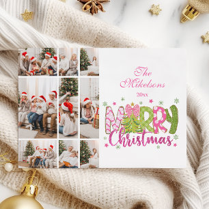 9 Foto Rosa Grön Slinga Träd God Jul Julkort