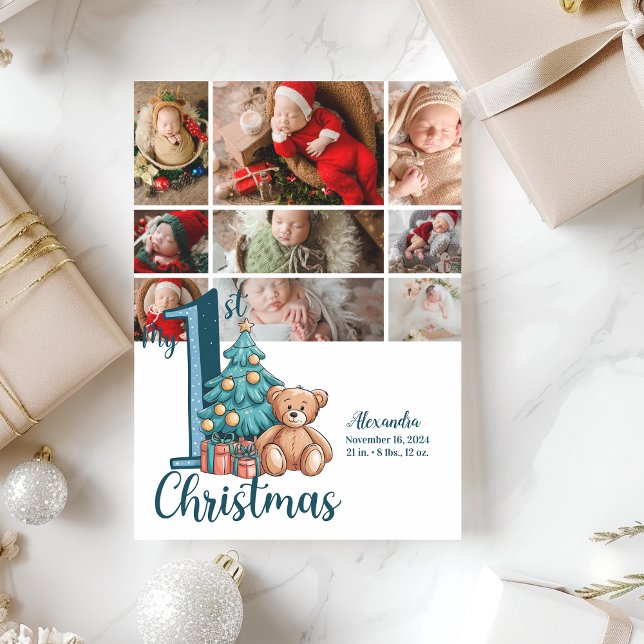 9 Fotoblå Teddy Baby 1:a jul Julkort (Skapare uppladdad)