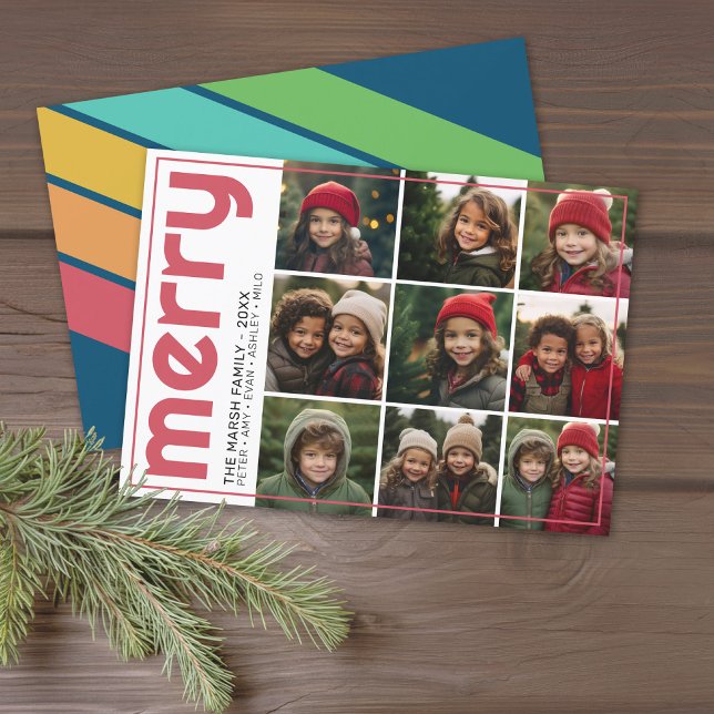 9 Fotoförskjutning - fet God jul Retro Rand Julkort (Retro Stripe Pattern Christmas Card - 9 Photo Collage - Colorful Rainbow - Download available)