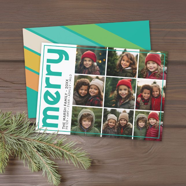 9 Fotoförskjutning - fet God jul Retro Rand Julkort (9 Photo Modern Christmas Card - retro stripe rainbow teal background - download option available)