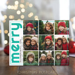 9 Fotoförskjutning - fetstil - julhelg - Helg Vykort<br><div class="desc">FRONT DESIGN: En samling med 9 foton i ett enkelt rutnät för att markera många bilder från det senaste året. Fotorutnätet är av från mitten med ett tunt gräns som omger hela kortet. Ett modernt sätt att söka efter ett helgdag-fotokort med färgad i rent teal-vatten och "merry" i ett stort...</div>