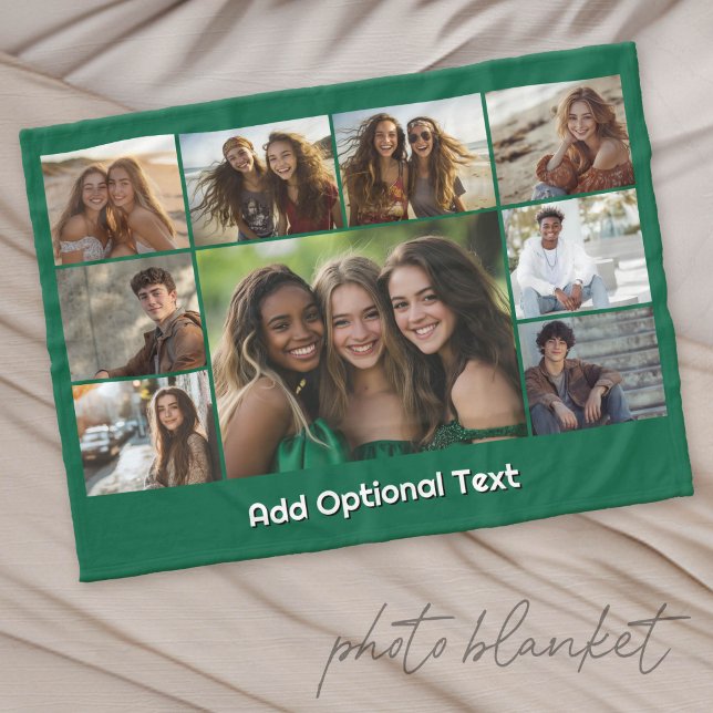 9 Fotokollage Valfri text -- Grön Vit Fleecefilt (Custom Photo Blanket with Lots of Photos)