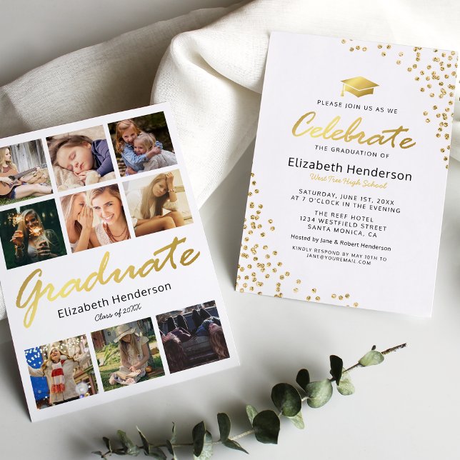 9 Fotokollage Vit Guld Examenfest Inbjudningar (Skapare uppladdad)