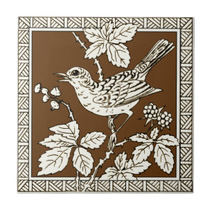 #9 i 12 Repro 1880s Minton Mocha Bird Series Kakelplatta