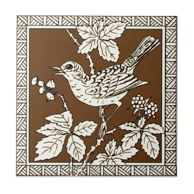 #9 i 12 Repro 1880s Minton Mocha Bird Series Kakelplatta (Framsidan)