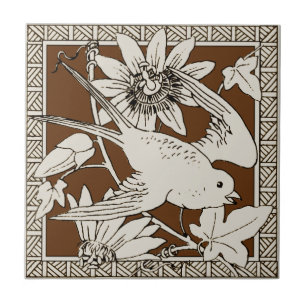 #9 i 12 Repro 1880s Minton Mocha Bird Series Kakelplatta