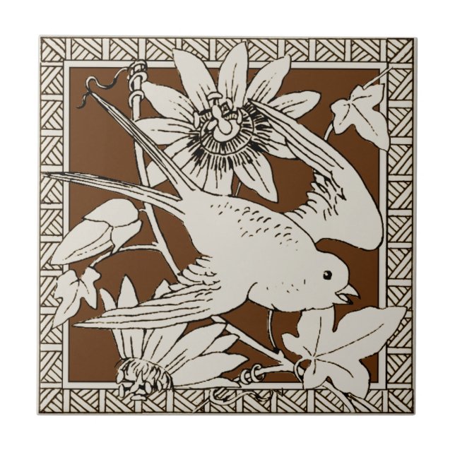 #9 i 12 Repro 1880s Minton Mocha Bird Series Kakelplatta (Framsidan)